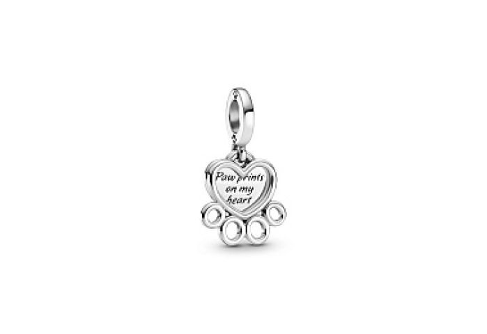 Paw print and heart sterling silver dangle