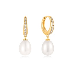 Gold Freshwater cultured pearl and White Cubic Zirconia Pavé Drop Huggies