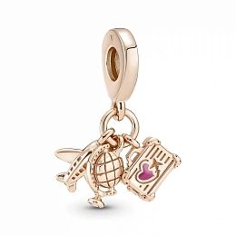 Airplane, globe and suitcase 14k rose gold-plated dangle with pink enamel
