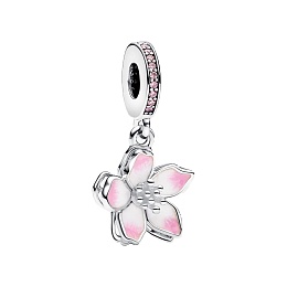 Movable cherry blossom sterling silver dangle with fancy pink cubic zirconia and shaded pink enamel