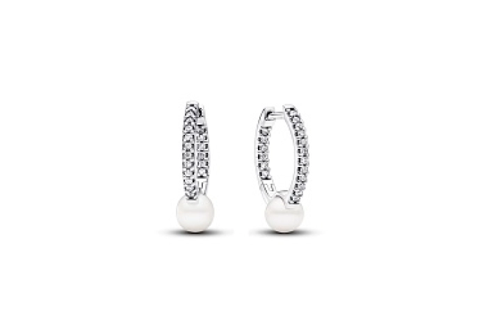 Sterling silver hoop Earrings with clear cubic zirconia and white treated freshwater cultured pearl