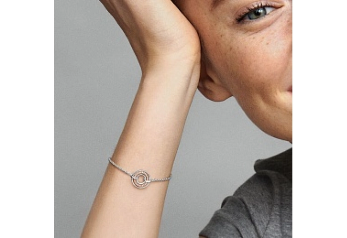 Pandora logo sterling silver and 14k rose gold-plated bracelet with clear cubic zirconia