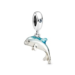 Dolphin sterling silver dangle with icy greencrystal and blue enamel