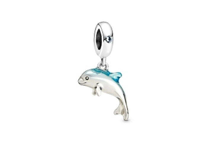 Dolphin sterling silver dangle with icy greencrystal and blue enamel