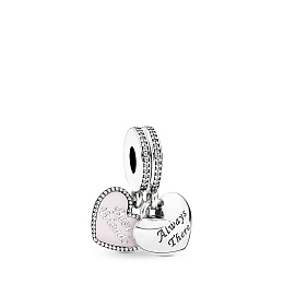Double heart silver dangle with pink enamel and clear cubic zirconia/Серебряная подвеска-шарм с розо