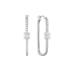 Silver Pearl Modernist Oval Hoop Earrings