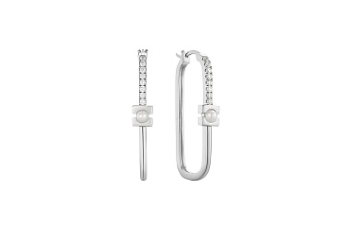 Silver Pearl Modernist Oval Hoop Earrings