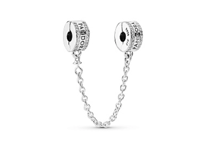 PANDORA logo silver safety chain with clear cubic 
