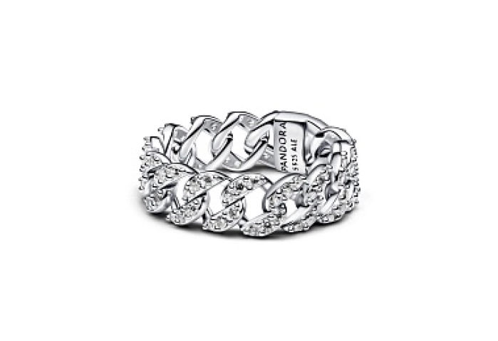 Cuban chain sterling silver ring with clear cubic 