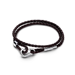 Brown braided double leather bracelet with sterling silver clasp