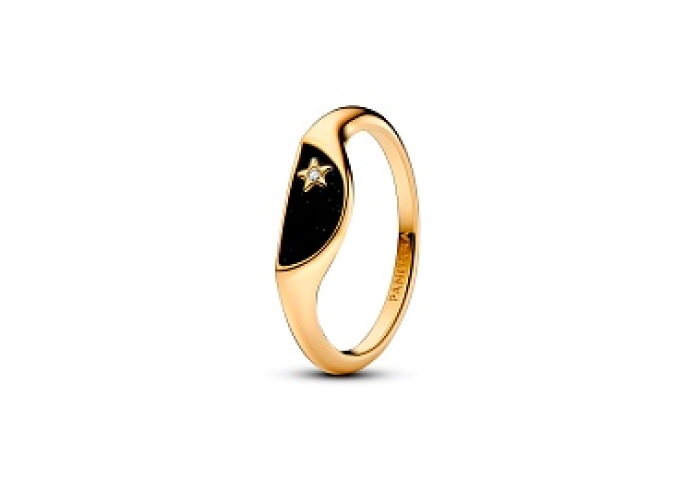 Halved signet 14k gold-plated ring with clear cubic zirconia and glittery black enamel