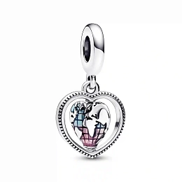 Spinning heart world sterling silver dangle with transparent pink and blue enamel