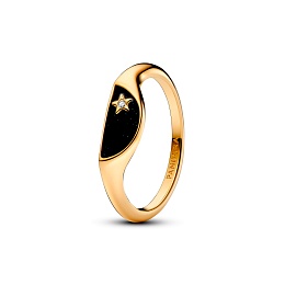 Halved signet 14k gold-plated ring with clear cubic zirconia and glittery black enamel