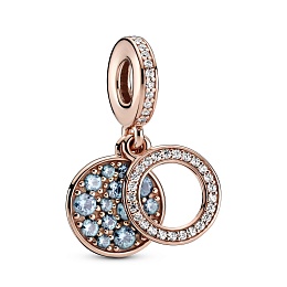 Circle and disc Panndora Rose danglewith icy blue andbleached aqua bluecrystal and clear cubiczircon