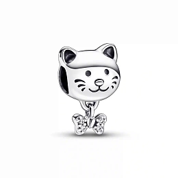 Cat sterling silver charm with clear cubic zirconi