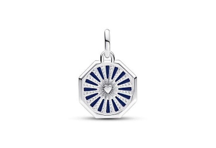 Heart octagon sterling silver medallion with glittery and blue enamel