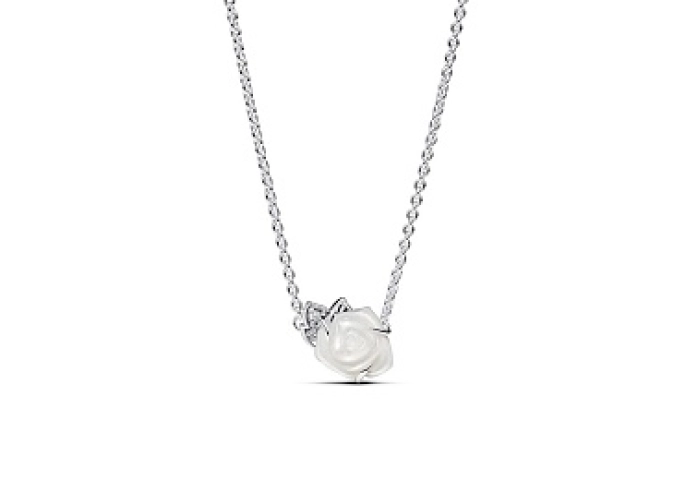 White rose sterling silver collier with white bioresin man-made mother of pearl and clear cubic zirc