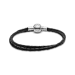 Silver leather bracelet, double, black/Серебряный кожаный браслет, черный