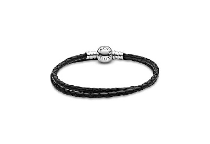 Silver leather bracelet, double, black