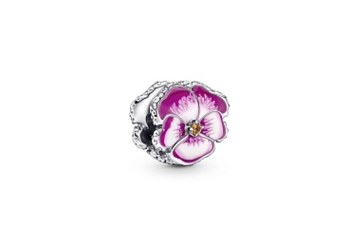 Pansy sterling silver  charm with clear cubic zirconia, burnt orange crystal, shaded pink  and white