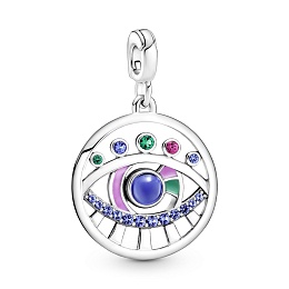Eye sterling silver medallion with stellarblue and lake greencrystal, synthetic ruby,green and pink