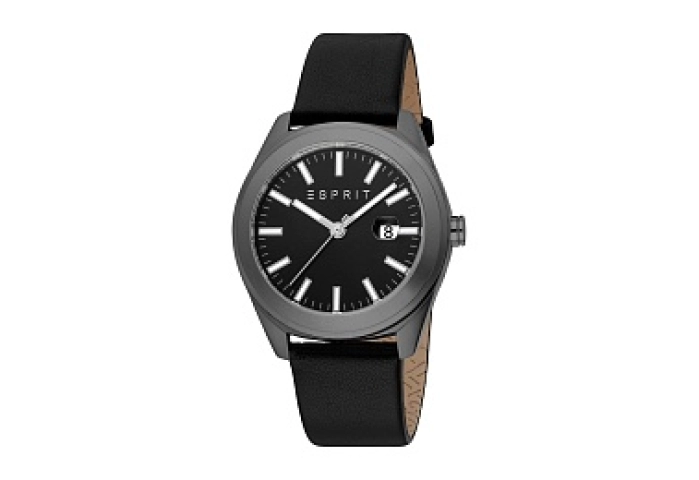 ESPRIT Men Watch, Gun Color Case, Black Dial, Black Leather Strap, 3 Hands Date, 5 ATM