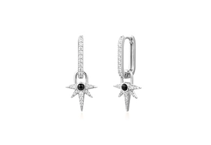 Silver Black Onyx Star Drop Huggies