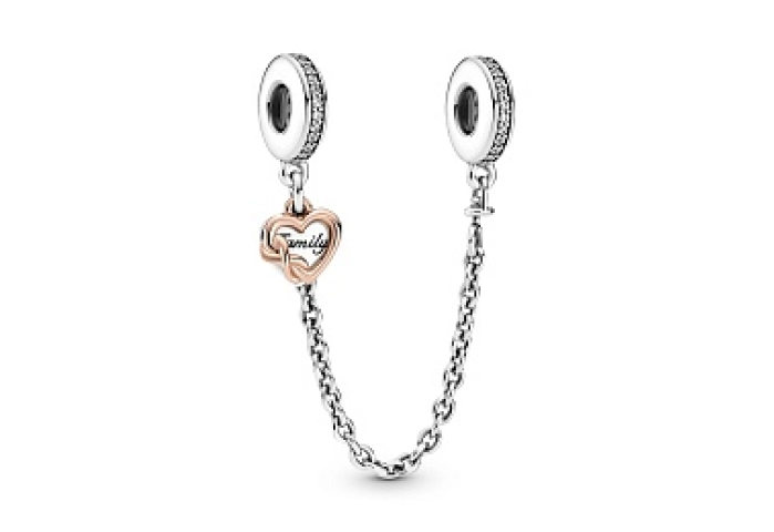 Heart and infinity sterling silver andPandora Rose safetychain with clear cubiczirconia 