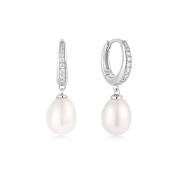 Silver Freshwater cultured pearl and White Cubic Zirconia Pavé Drop Huggies