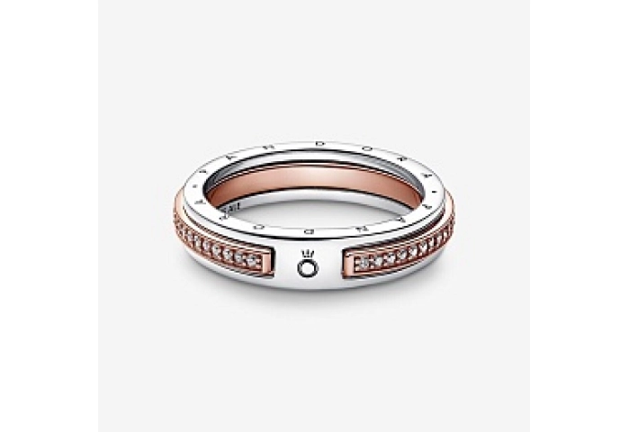 Pandora logo sterling silver and 14k rose gold-plated ring with clear cubic zirconia