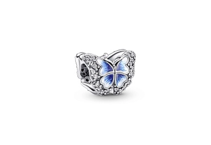 Butterfly sterling silver charm with clear cubic zirconia and shaded blue and white enamel