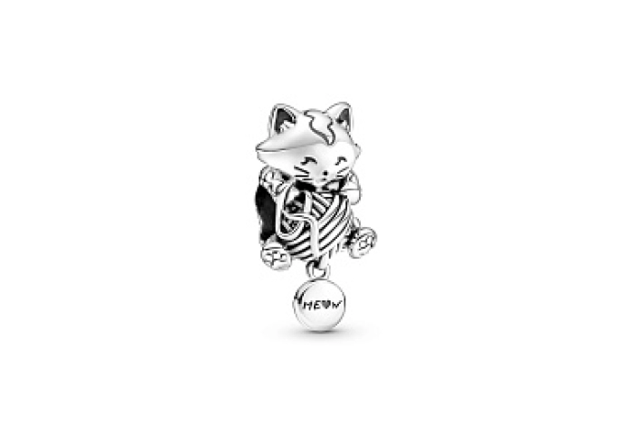Kitten and yarn ball sterling silver charm