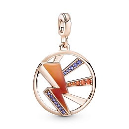 crystal, red and yellowenamelThunder 14k rose gold-plated medallionwith stellar blue crystal,dark