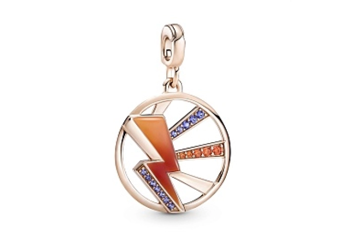 crystal, red and yellowenamelThunder 14k rose gold-plated medallionwith stellar blue crystal,dark