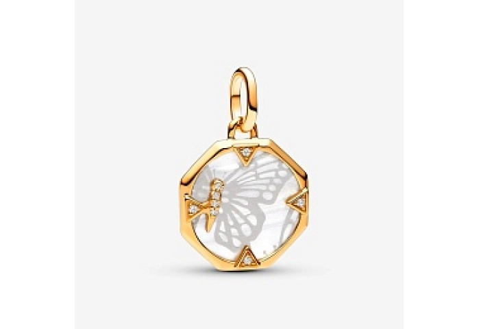 Butterfly 14k gold-plated medallion with clear cubic zirconia and white bioresin man-made mother of 