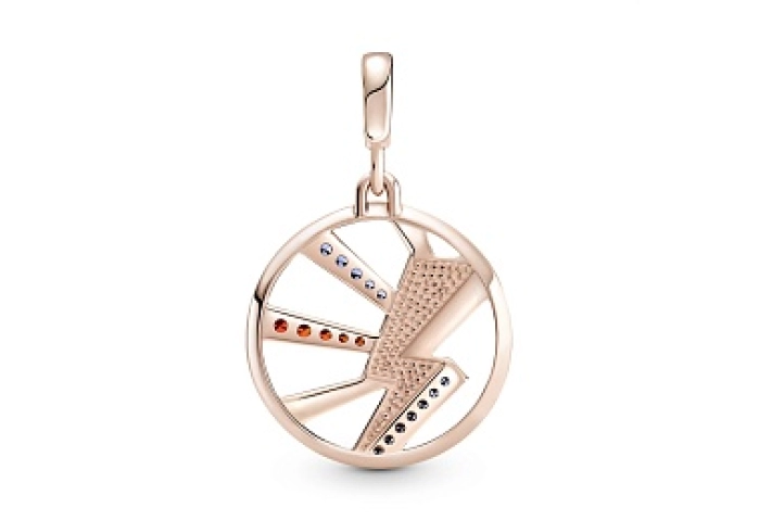 crystal, red and yellowenamelThunder 14k rose gold-plated medallionwith stellar blue crystal,dark