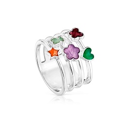 SILVER RING 5 GEMSTONES 4 BANDS N14