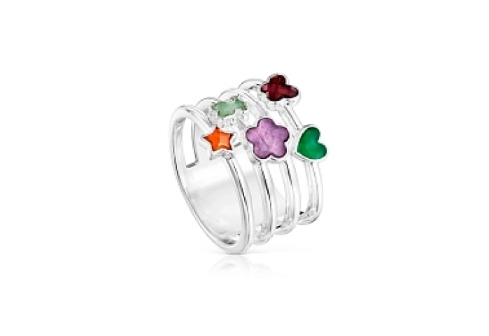 SILVER RING 5 GEMSTONES 4 BANDS N14
