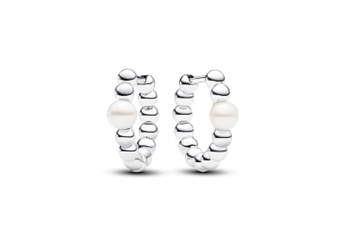 Beaded sterling silver hoop Earrings with white treated freshwater cultured pearl