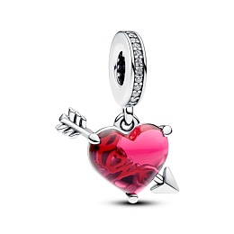 Heart and arrow sterling silver dangle with clear cubic zirconia and red Murano glass