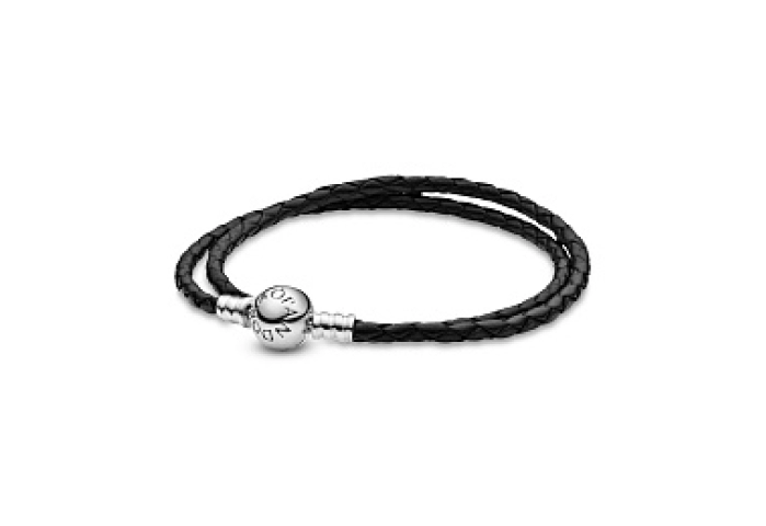 Silver leather bracelet, double, black