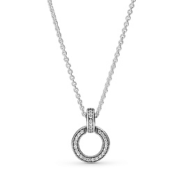 Pandora logo interlocking circlessterling silver pendant with clear cubic zirconia and necklace