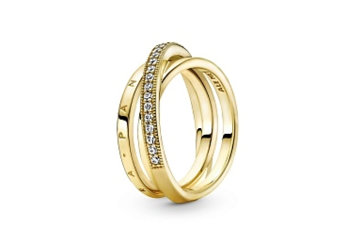 Pandora logo 14k gold-plated ring with clear cubic
