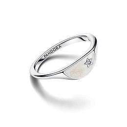 Halved signet sterling silver ring with clear cubic zirconia and shimmering white enamel