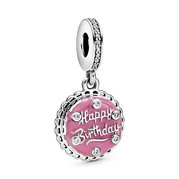 Birthday cake sterling silver dangle with clear cubic zirconia and pink enamel/Серебряная подвеска-ш