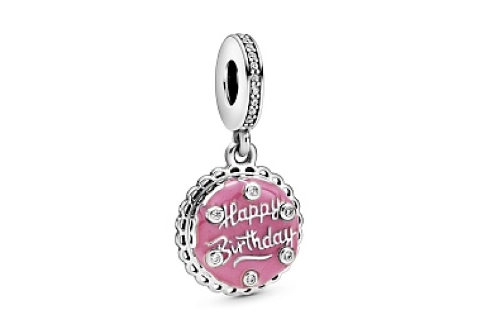Birthday cake sterling silver dangle with clear cubic zirconia and pink enamel/Серебряная подвеска-ш
