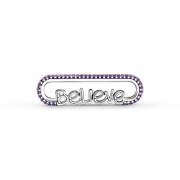 Believe script sterling silver word link with royal purple crystal