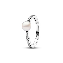 Sterling silver ring with white treated freshwater cultured pearl and clear cubic zirconia