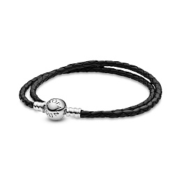 Silver leather bracelet, double, black/Серебряный кожаный браслет, черный