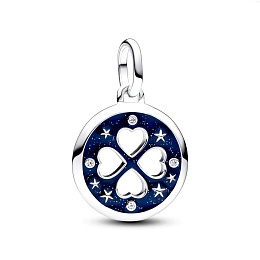 Clover sterling silver medallion with clear cubic zirconia and glittery blue enamel